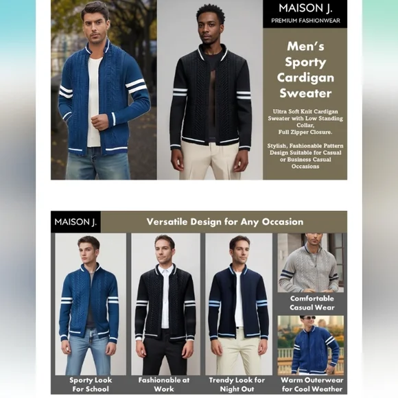 Full-Zip Cardigan Sweater, Knit Stand Collar, Sporty Casual M Blue - Picture 6 of 9